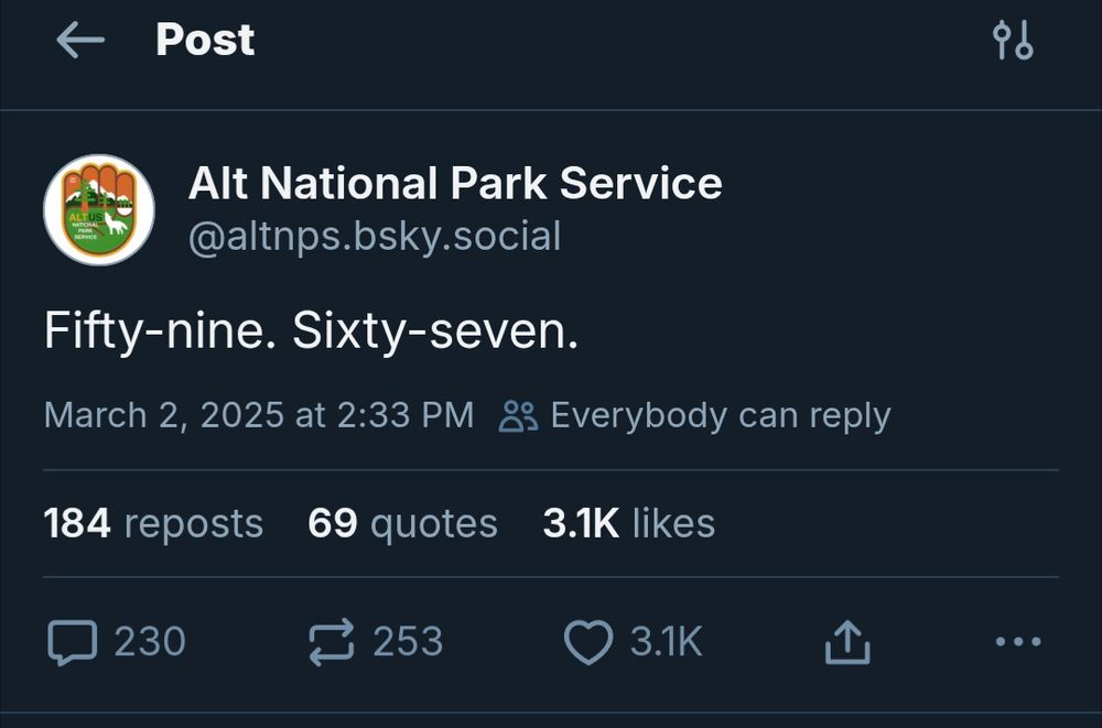 Alt National Park Service: Fifty-nine. Sixty-seven.