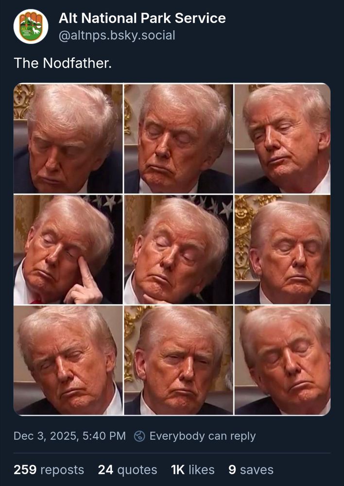 The Alt National Park Service's post is a collage of photos of Trump appearing to fall asleep. They say, "The Nodfather."
