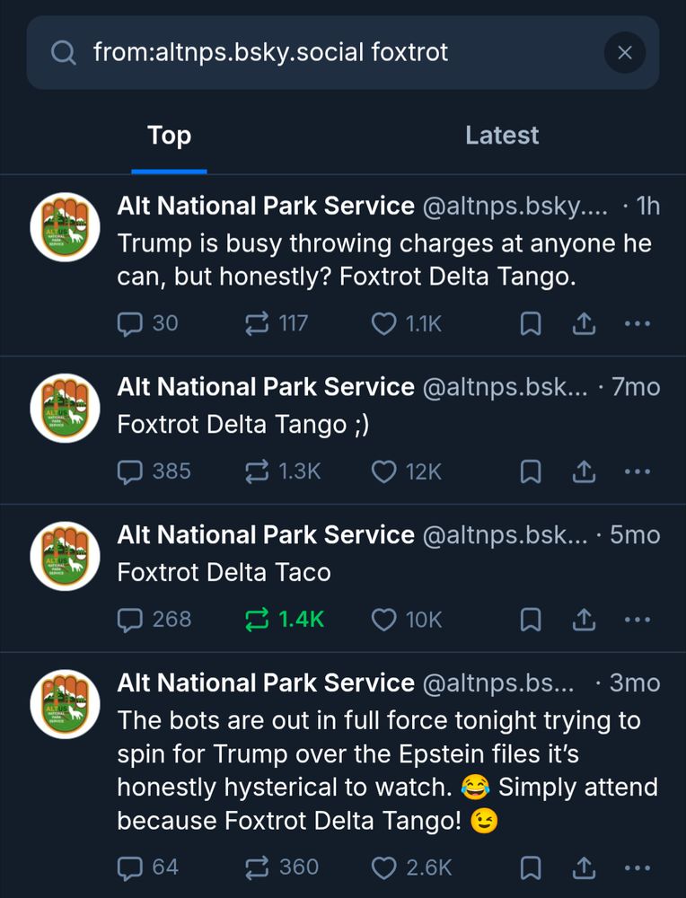 A screenshot of a Bluesky search for how many times the Alt National Park Service has said the word "foxtrot." There are a lot.