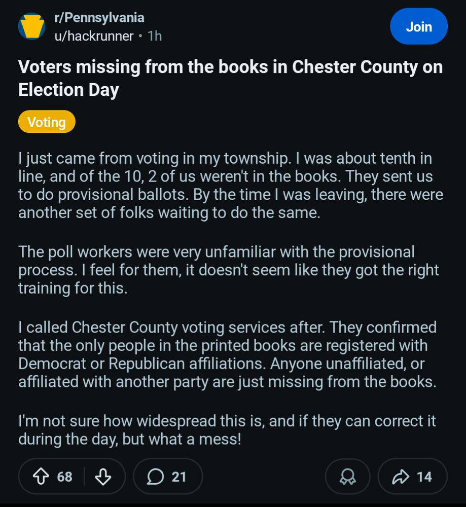A screenshot of a reddit post from /r/Pennsylvania, titled "Voters missing from the books in Chester County on Election Day," from one hour ago. 

It describes everything that AltNPS listed in their thread.