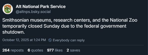 Alt National Park Service: Smithsonian museums, research centers, and the National Zoo temporarily closed Sunday due to the federal government shutdown.