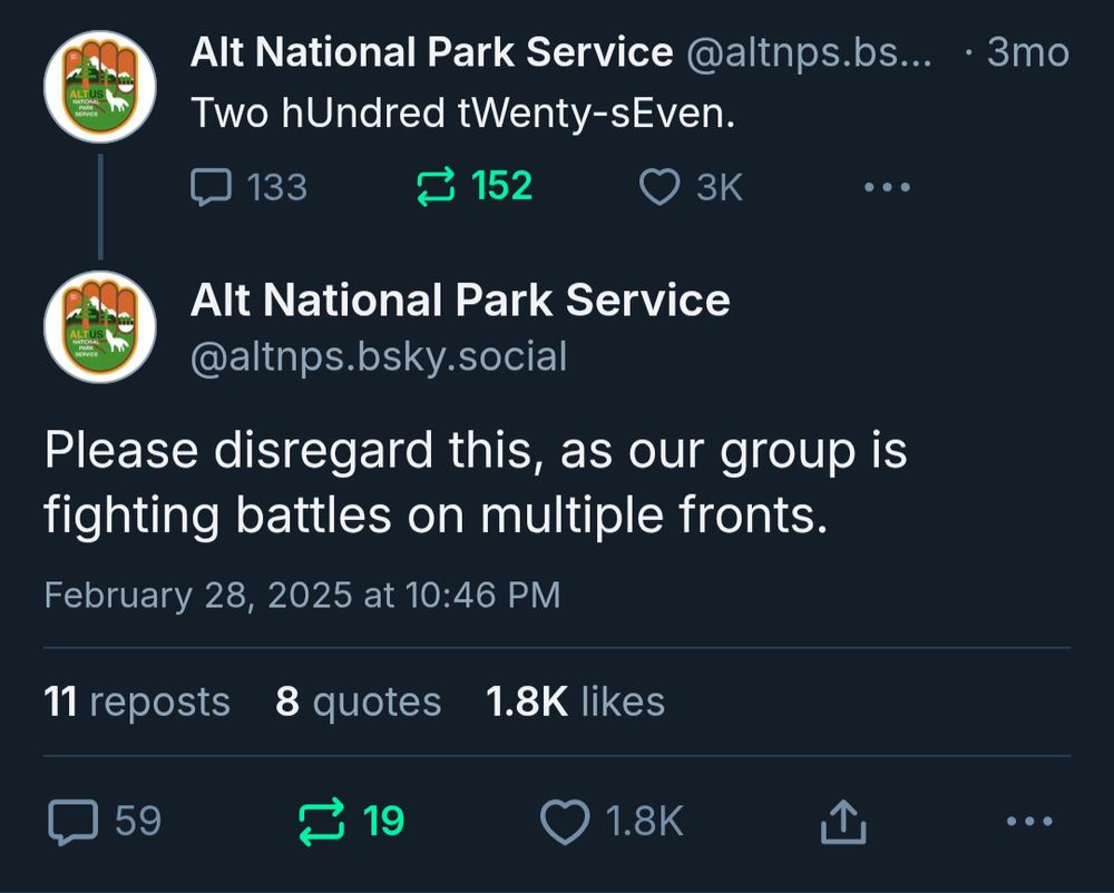 Alt National Park Service: Two hUndred tWenty-sEven. Please disregard this, as our group is fighting battles on multiple fronts.
