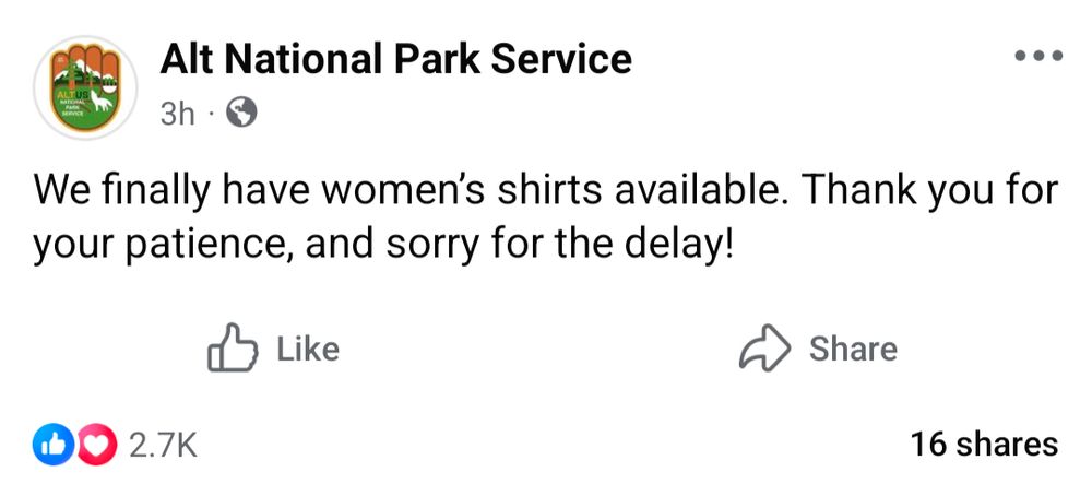 Alt National Park Service: We finally have women’s shirts available. Thank you for your patience, and sorry for the delay!