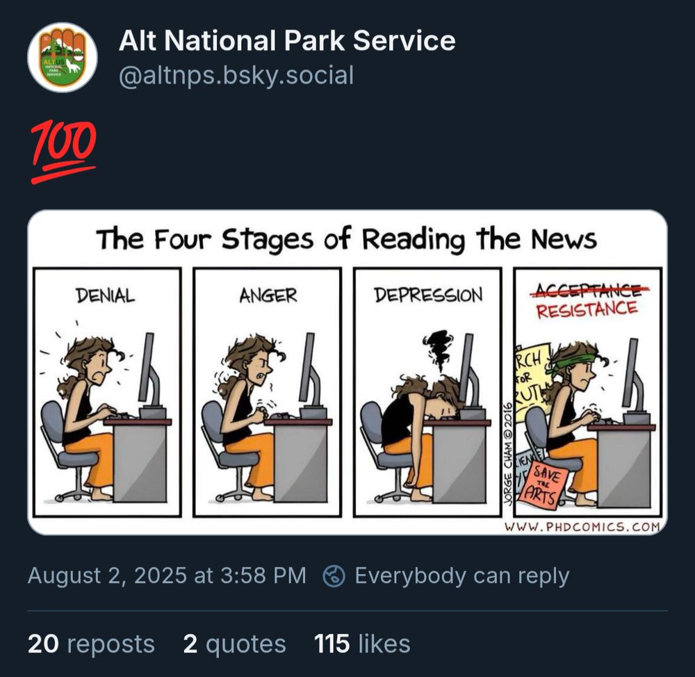 A screenshot of the Alt National Park Service's post. They posted an image of a comic called "The four stages of reading the news: denial, anger, depression, RESISTANCE."