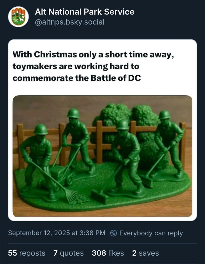 Alt National Park Service: [a screenshot of an AI-generated meme of green plastic army men sweeping and doing yardwork. The caption reads, "with Christmas only a short time away, toymakers are working hard to commemorate the Battle of DC"]