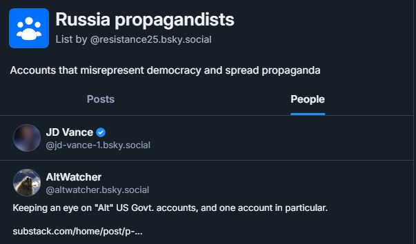 A screenshot of a Bluesky list called "Russia Propagandists." The first member is JD Vance. The second is AltWatcher.