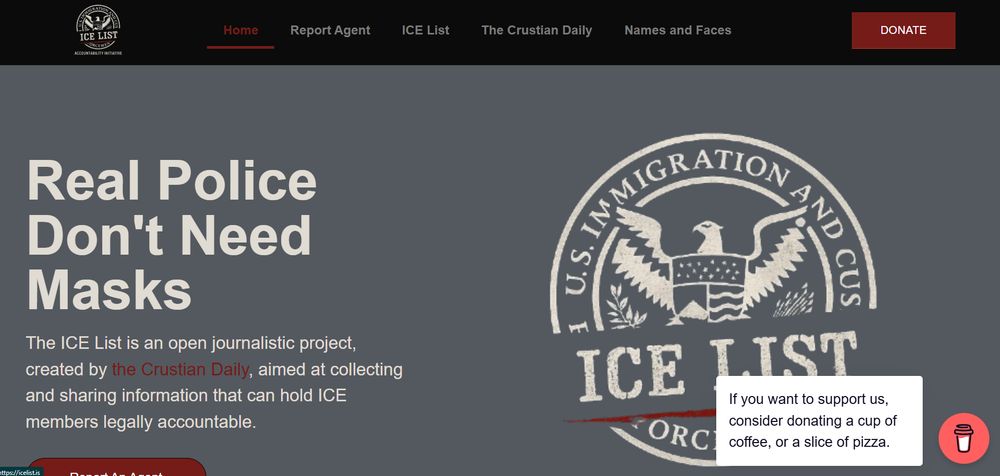 A screenshot of the ICE List homepage. There is a donation button in the top right corner and a popup asking for money in the bottom right corner. 