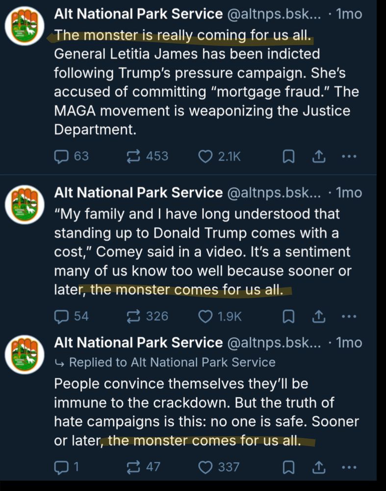 The Alt National Park Service repeatedly using the phrase "the monster comes for us all."