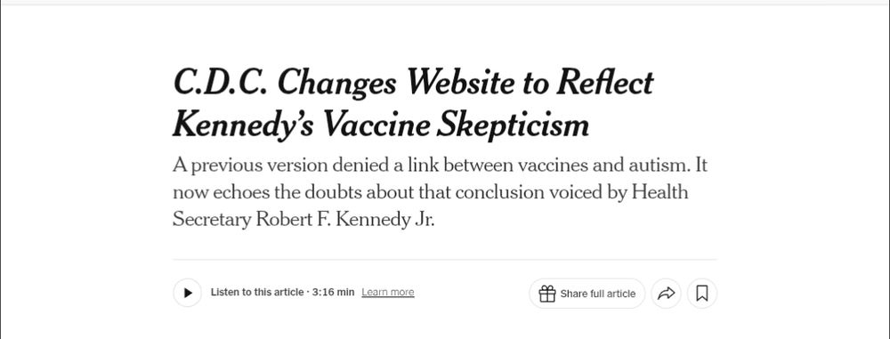 A screenshot of the New York Times website. A headline reads "C.D.C. Changes Website to Reflect Kennedy's Vaccine Skepticism."