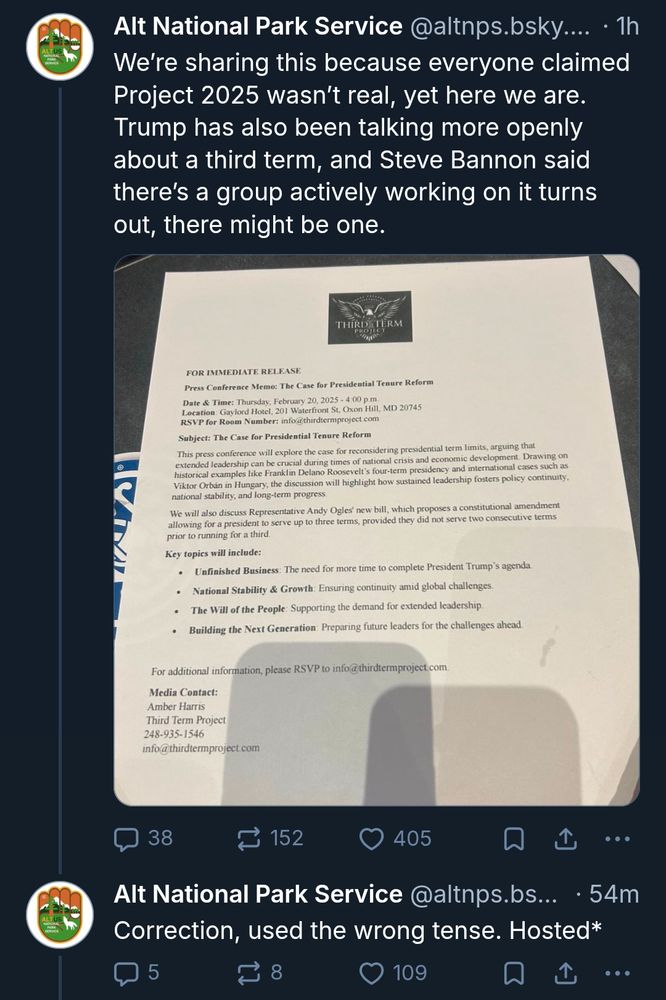AltNPS replying fifteen minutes after their original post, saying "Correction, used the wrong tense. Hosted*"