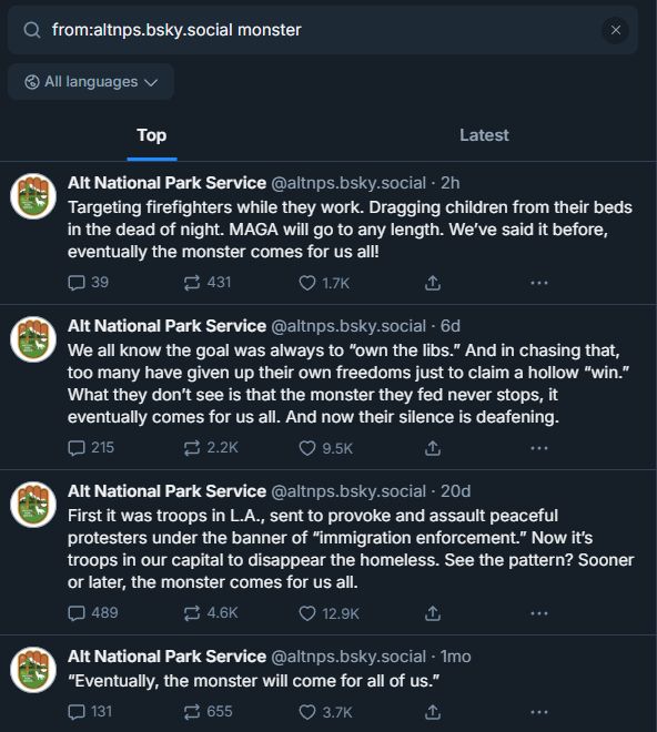 A search for the Alt National Park Service account using the word 