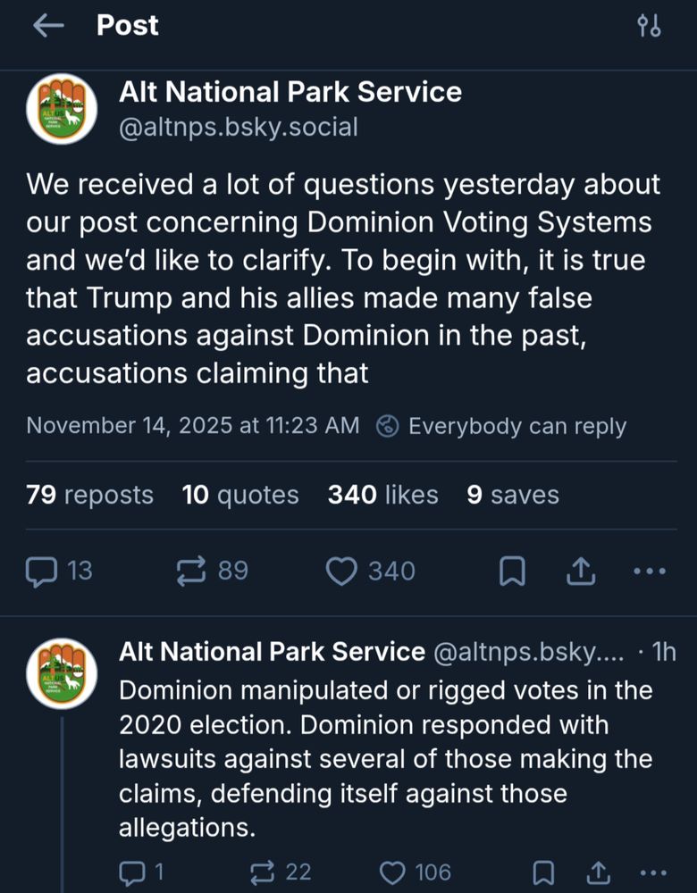Alt National Park Service: We received a lot of questions yesterday about our post concerning Dominion Voting Systems and we’d like to clarify. To begin with, it is true that Trump and his allies made many false accusations against Dominion in the past, accusations claiming that Dominion manipulated or rigged votes in the 2020 election. Dominion responded with lawsuits against several of those making the claims, defending itself against those allegations.