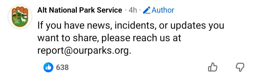Alt National Park Service: if you have news, incidents, or updates you want to share, please reach us at report@ourparks.org.