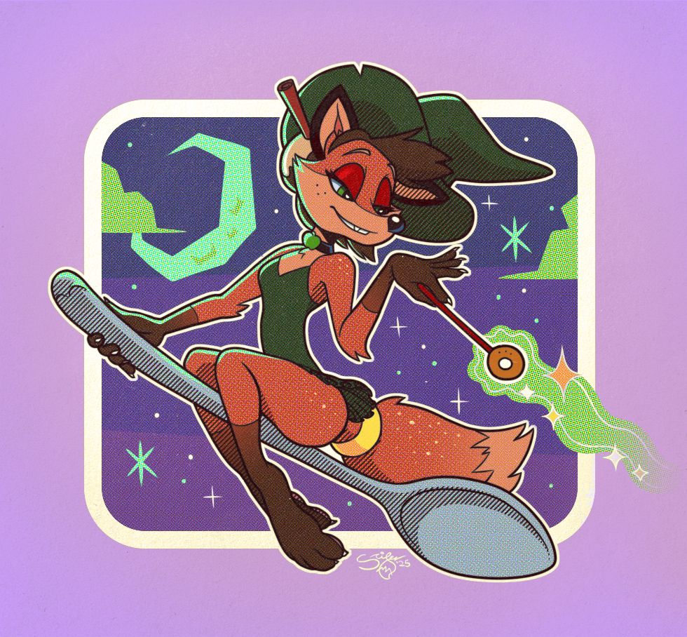 A halloween themed Chino the Vixen rides across a retro night sky dressed as a green with, riding a big spoon in place of a broomstick. She is casting sugary magic with her cereal hoop magic wand.