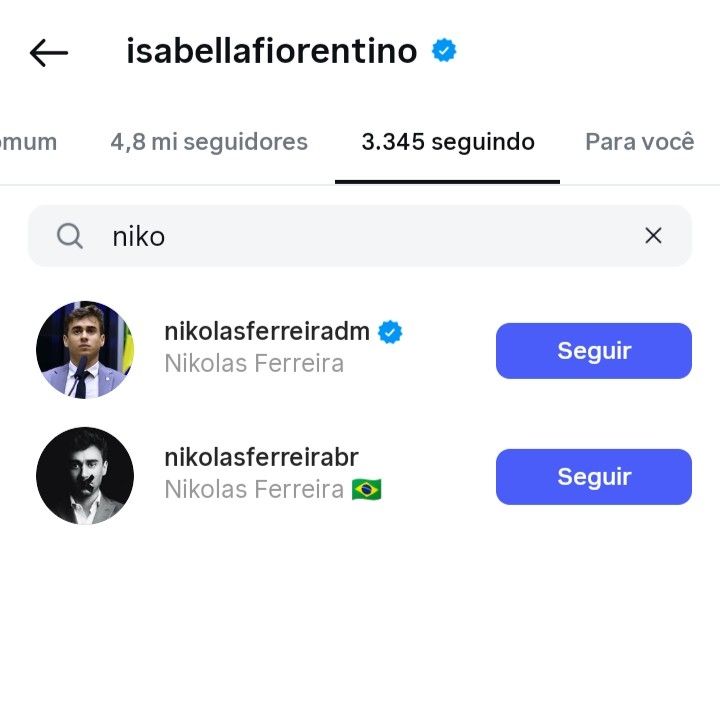 Isabella Fiorentino seguindo perfis do Nikolas Ferreira 