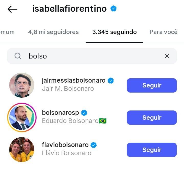 Isabella Fiorentino seguindo a família Bolsonaro no Instagram
