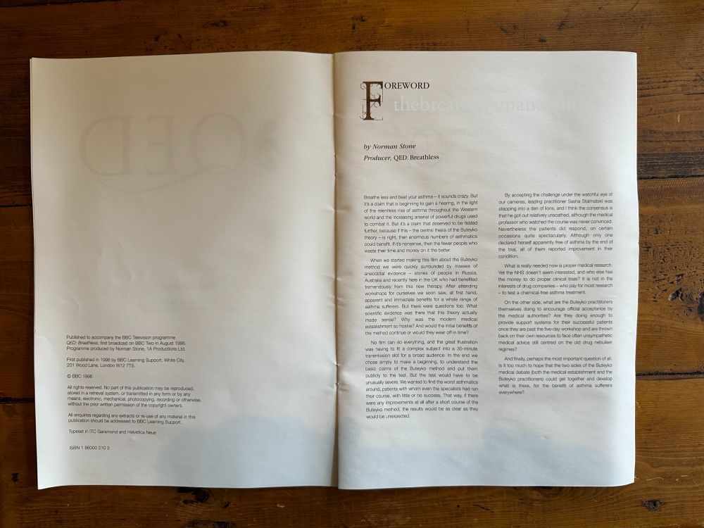 BBC QED TV Program "Breathless" Booklet