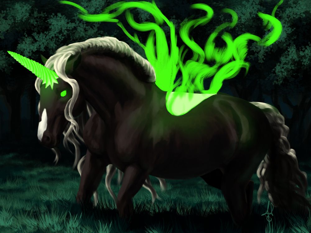 Highlighted in the moonlight, a Black Forest horse walks through a clearing in a forest. The hors has a large white snip, dark brown coat, and creamy mane and tail. On its back, emanating from a half-visible heart pattern, is a pair of neon green glowing wisps, as if the edges of glowing smoke becomes a pair of mystical wings. What is normally a white seven-pointed star marking on its forhead has stretched out in a glowing green spiral unicorn horn. Its eyes glow the same neon green as its horn and wings.