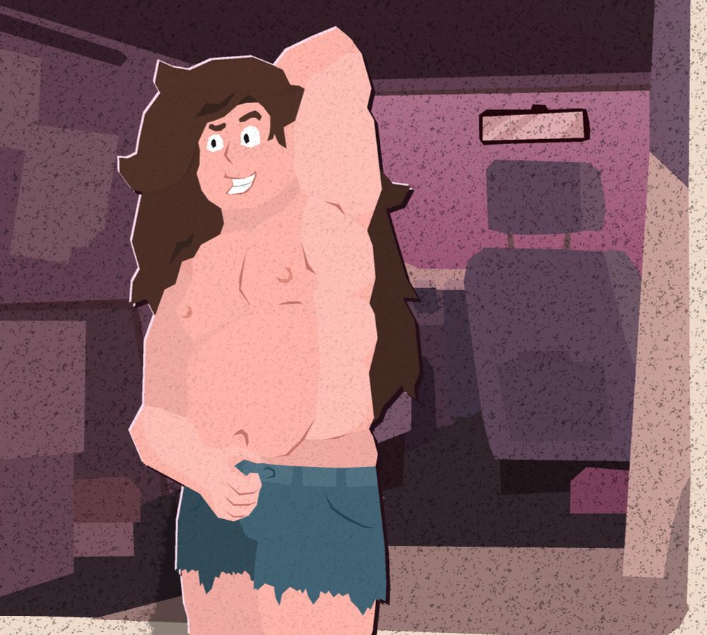 Young Greg posing shirtless infront of his van. His jorts are cut short, and sagging just a bit to the side. One hand is hooked into the waistband and the other is up behind his head