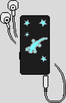 A pixel drawing of the back of a music player. It has blue stickers, four stars and a geco.