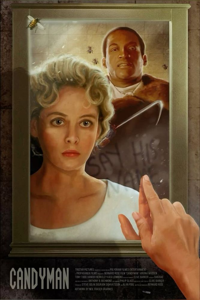 Alt movie poster of Candyman featuring Viginia Madsen and Tony Todd looking at a mirror...