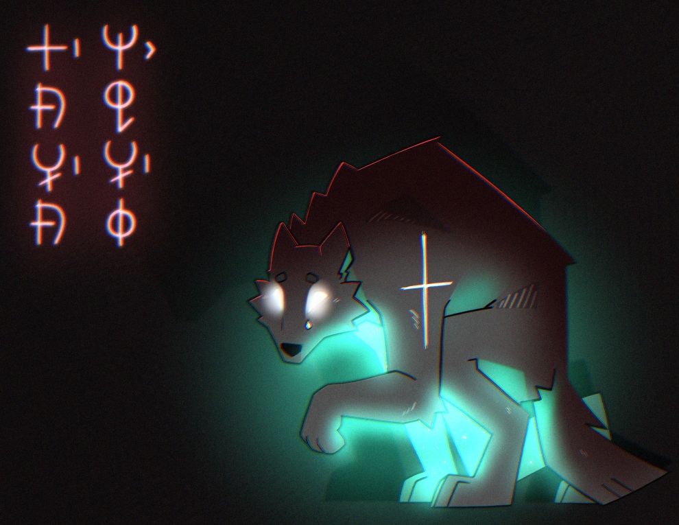 A wolf huddles over something, looking curiously at the viewer
