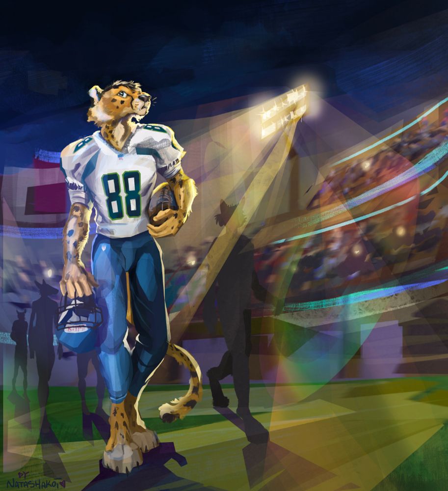A male cheetah in american football gear, colours similar to that of the Seattle Seahawks, walking out onto the floodlight game field for a friday night football game. He is carrying a football under his left arm, and carries his helmet by the face cage in his right hand.
