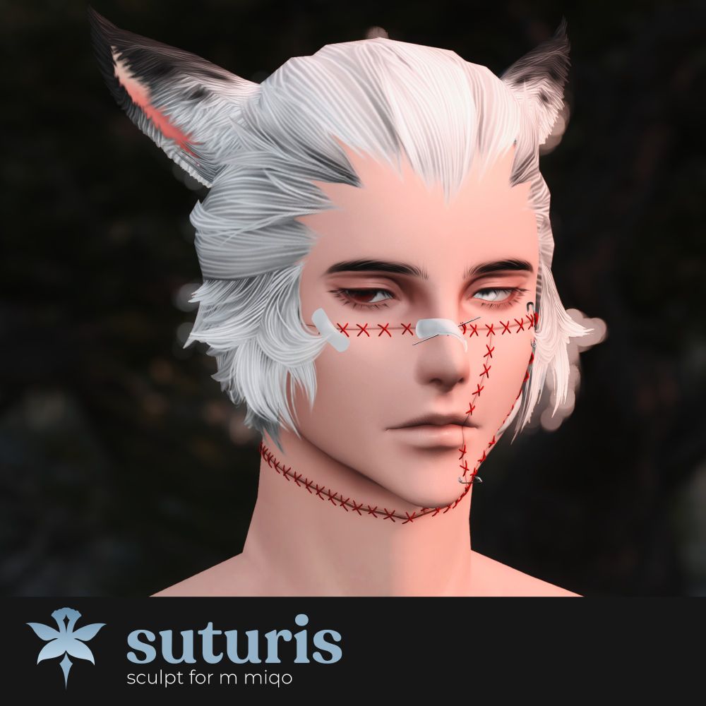 Portrait of a cat boy with a bored expression. his face is stitched up and held together with safety pins and bandaids.