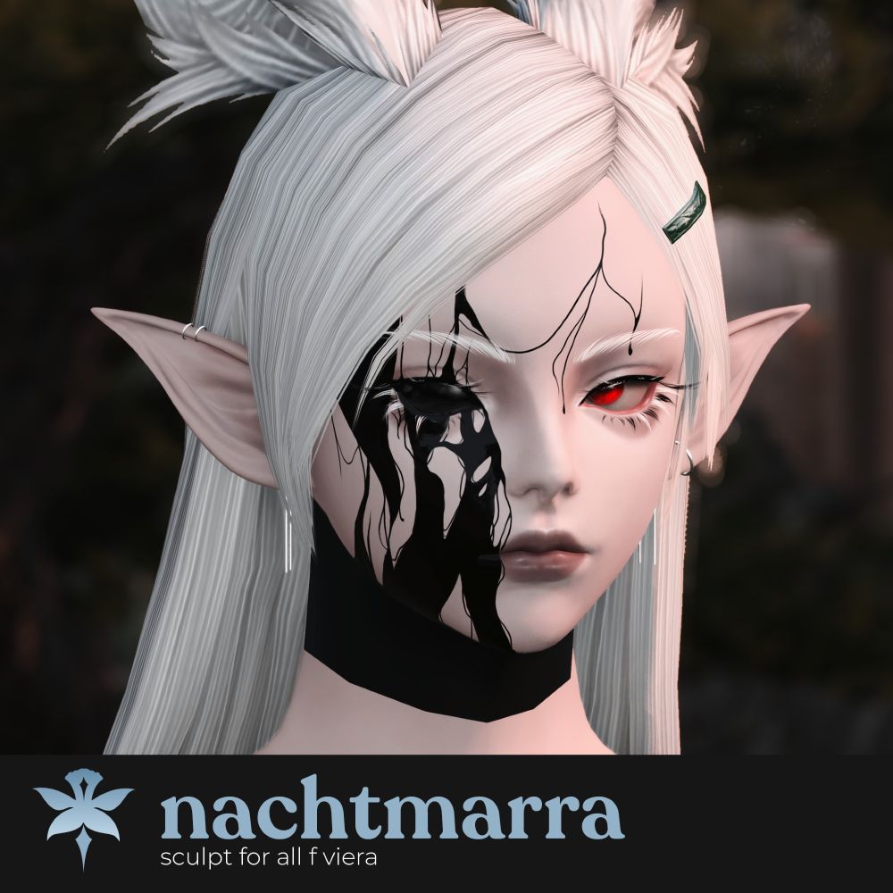 Portrait of a girl with black and white eyelashes, eld ears, and a goopy black substance running down her face
