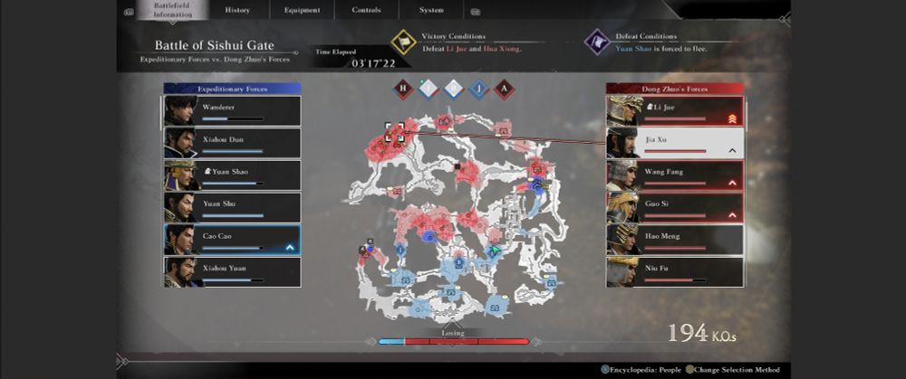 Un screenshot de la démo de Dynasty Warriors Origins, présentant la carte d'un champs de bataille, avec les généraux alliés et les généraux ennemis et les campements