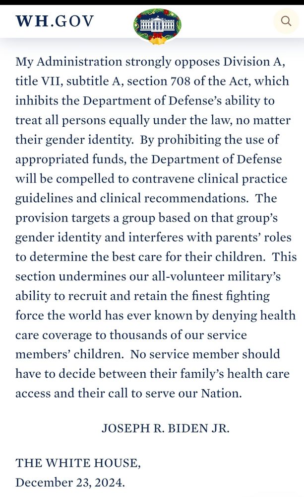 Biden opposes gender care ban in the NDAA