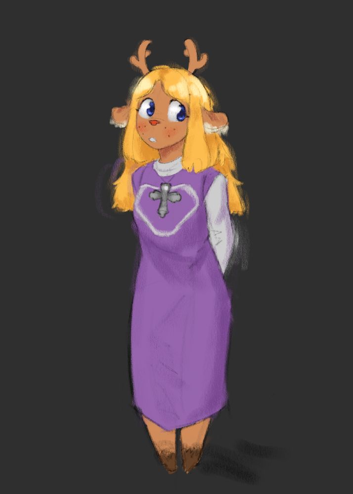 noelle in a purple church gown with a cross necklace