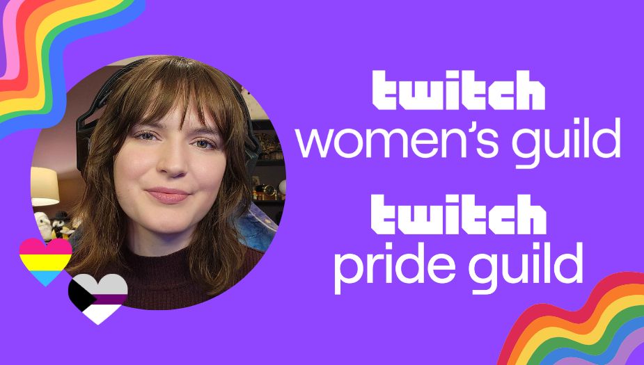 A graphic with a purple background. on the left is a circle-framed picture of Maddie with a pansexual pride-heart and a demisexual pride-heart. on the right is the Twitch women's guild logo and the Twitch pride guild logo. there's a rainbow graphic in the top left and bottom right corners