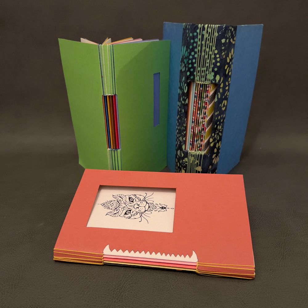 Buttonhole stitch binding on three books, and cover variations
