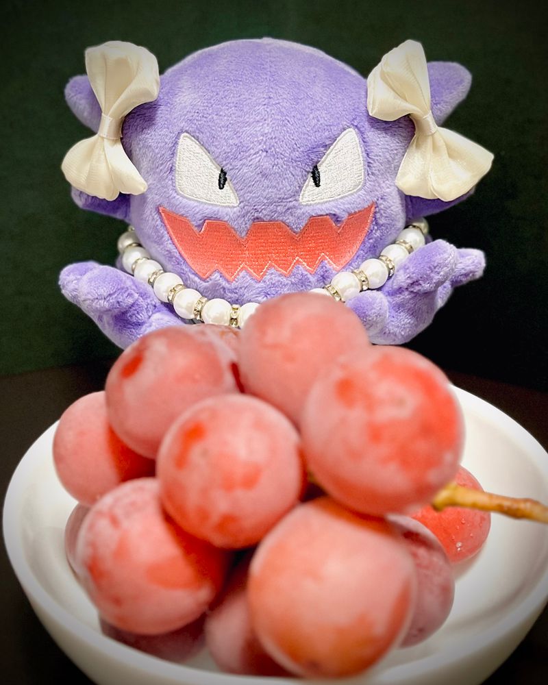 手前にぶどう一房　大粒！！
奥にゴーストちゃん　白いおリボンつけてる