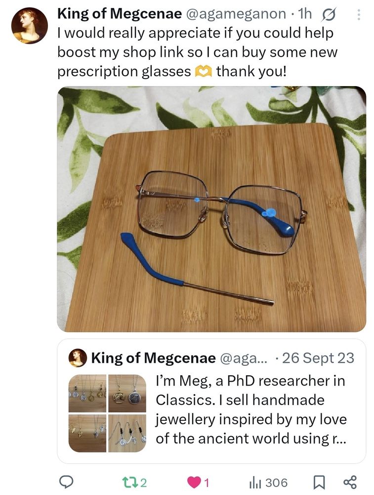 A quote tweet of the last tweet, also by Meg, displaying a photo of broken glasses and the following text:

I would really appreciate if you could help boost my shop link so I can buy some new prescription glasses 🫶 thank you!