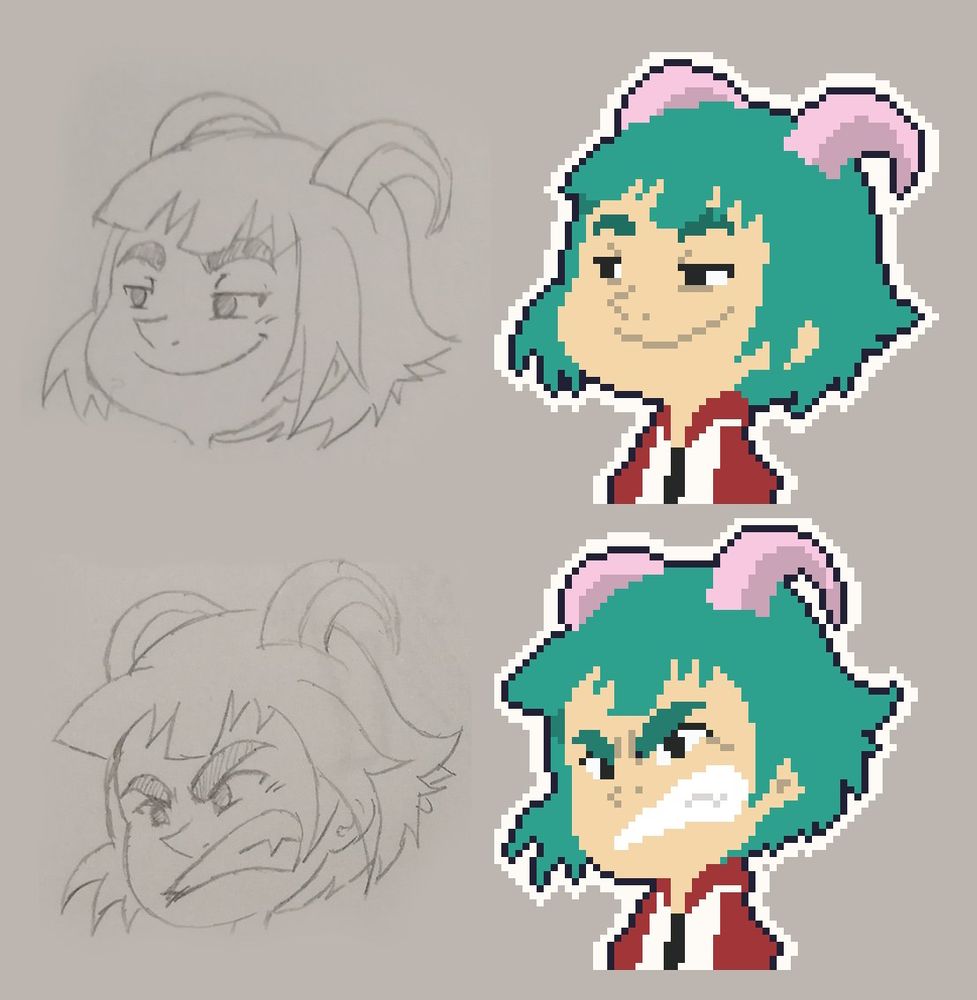 On the left side of the picture are 2 portraits drawn with a pen on paper and on the right side are the same two portraits redrawn as pixel art.