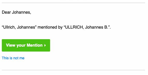 screenshot of a message saying "Ullrich, Johannes" mentioned by "ULLRICH, JohannesB."
