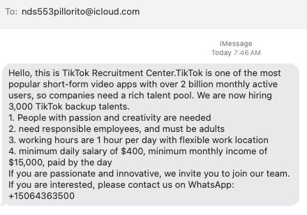 text message advertising a job for a TikTok backup talent.