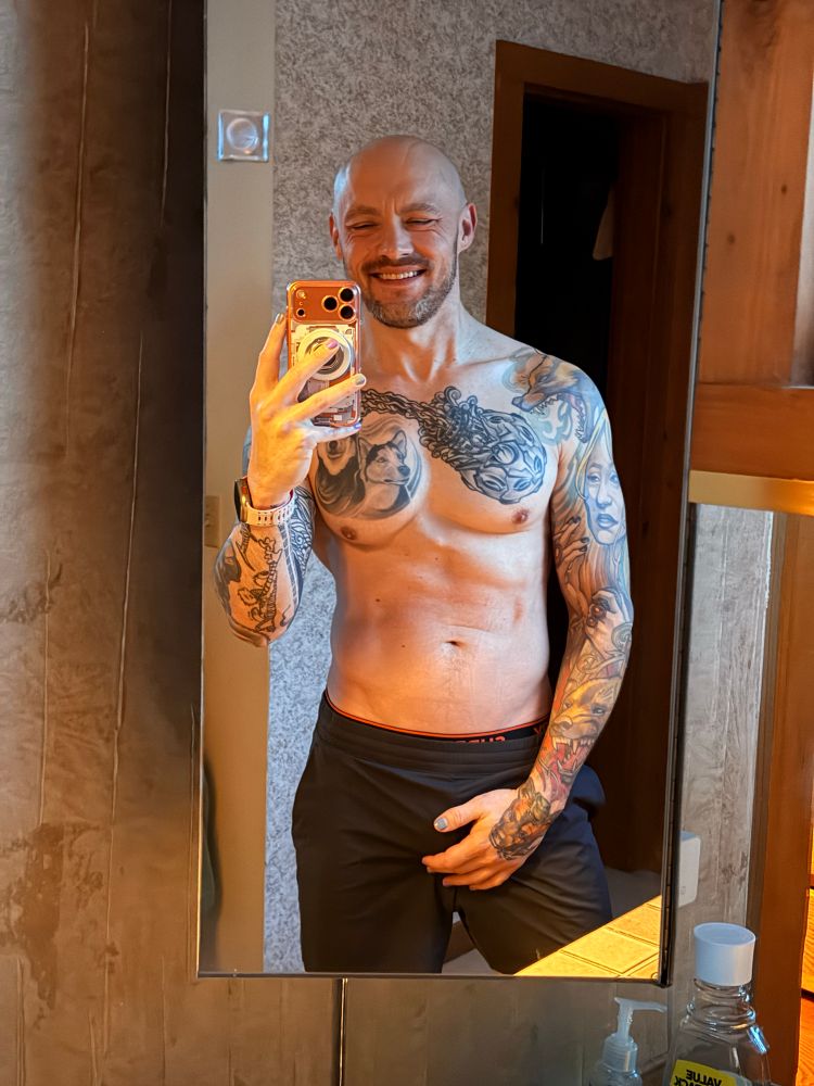 Ha guy shirtless muscles flex Friday tattoos