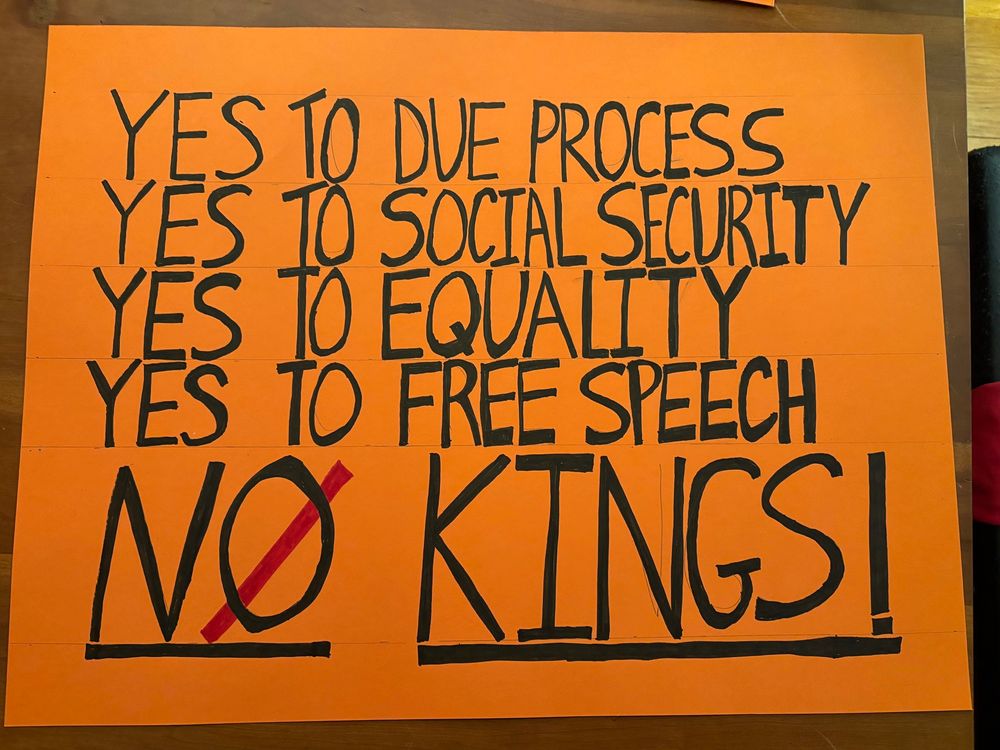 Sign that says: Yes to due process, yes to social security, yes to equality, yes to freedom of speech. NO KINGS!