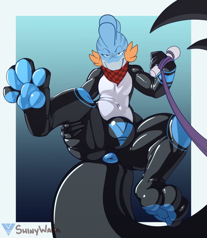 POV of kippy holding a leash and vibe wand giving off an evil smirk while showing off some shiny paws, his tail hole and some nulge