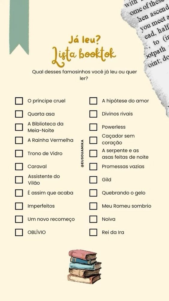 "Já leu? Qual desses famisinhos você já leu ou quer ler?"

O príncipe cruel
quarta asa
a biblioteca da meia-noite
a rainha vermelha
trono de vidro
carnaval
assistente do vilão 
é assim que acaba
imperfeitos
um novo recomeço 
oblívio 
a hipótese do amor
divinos rivais
powerless 
caçador sem coração 
a serpente e as asas feitas de noite
promessas vazias
gild
quebrando o gelo
meu Romeu sombrio
noiva
rei da ira