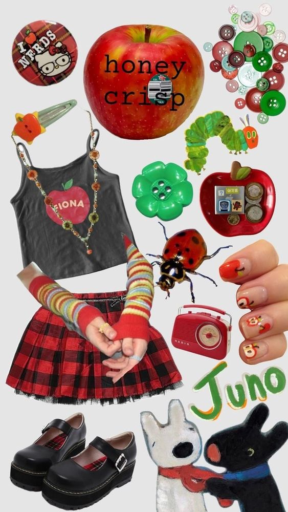 A collage of red apple themed things including: a red ladybug, a dish holding a small apple brand product, a red apple manicure, a plaid hello kitty pin