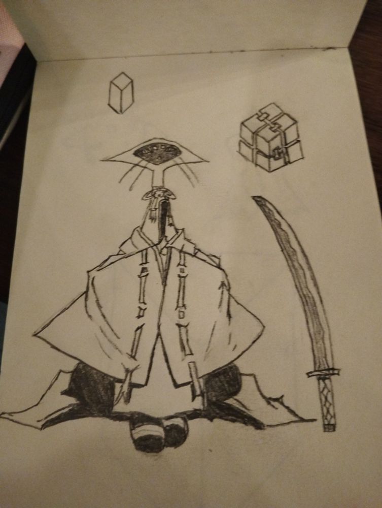 A page of a sketchbook. There is a small rectangular prism on top, a drawing of an infinite fidget cube toy, below it a katana and occupying the most space, a traced drawing of a character from the manga Nekogahara