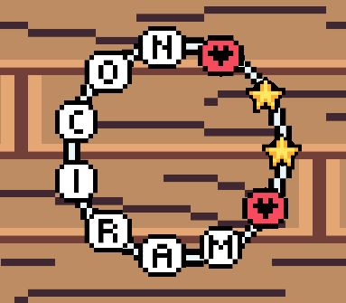 A picture of a pixelart friendship bracelet with two star beads, two red heart beads and white letter beads that spell the word "maricón" (faggot in spanish)