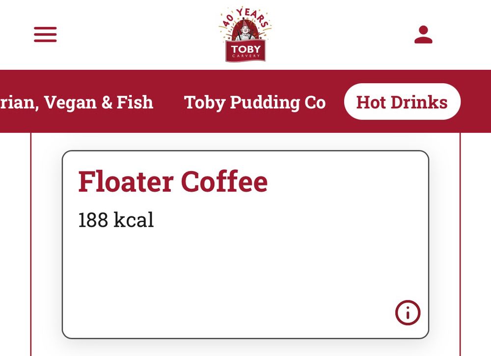 A 188 calorie Floater Coffee listed on the menu of Toby Carvery