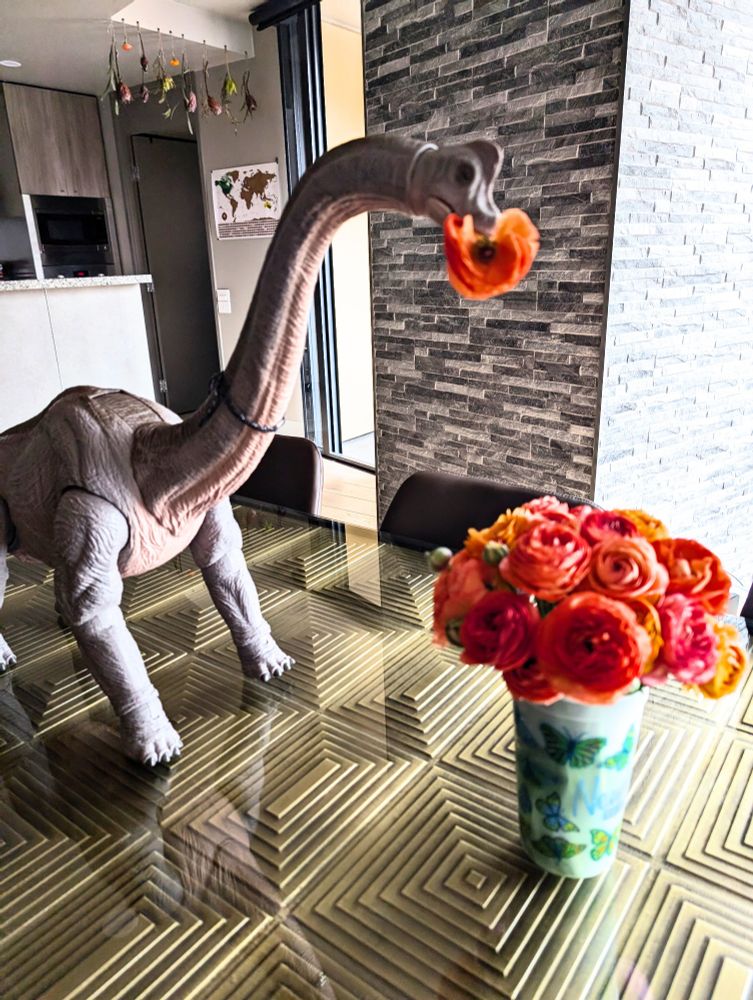 A photograph of a bunch of red and orange flowers in a cup instead of a vase. There is a large toy brontosaurus behind the flowers and it has one in its mouth. Both flowers and dinosaurs are sitting on a dining table.

The person who took the photo would like you to forgive her, she just moved and her vases are all still packed.