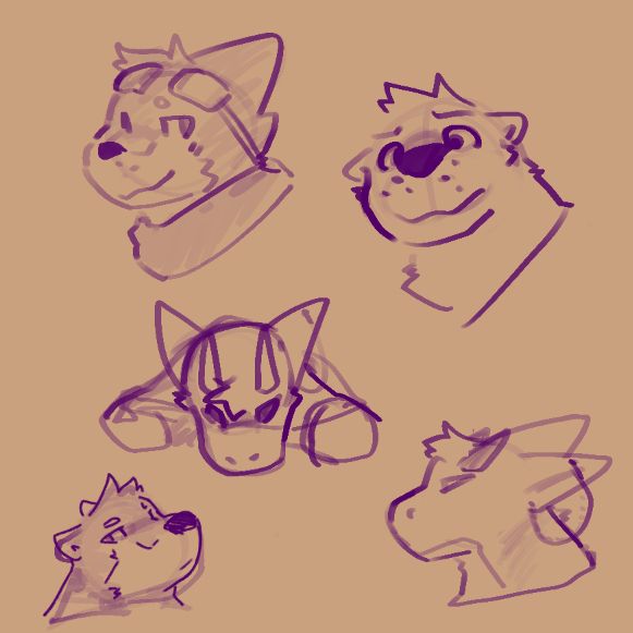 a page of marker sketches. from top left, clockwise: buizel looking sassily right; a concerned looking otter; the outline of a dragon looking left in profile; a loosely-lined otter looking disappointed to the left; and a very rough overhead perspective of the dragon from earlier. 