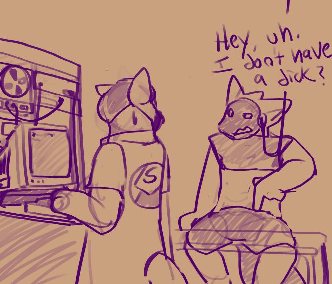 same scene as previous. protogen is now pointing at his pants and looking up at the technician. text reads "Hey, uh. I don't have a dick?" The technician is looking over at the protogen with an ear tilted sideways and a bead of sweat on the back of their head. 